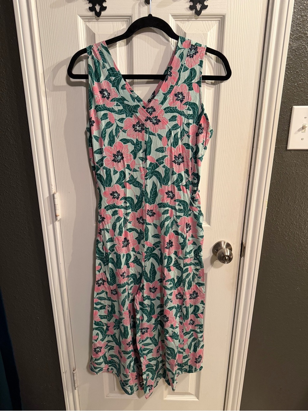 AnyBody Pink Floral V-Neck Jumpsuit with Green Leaves
